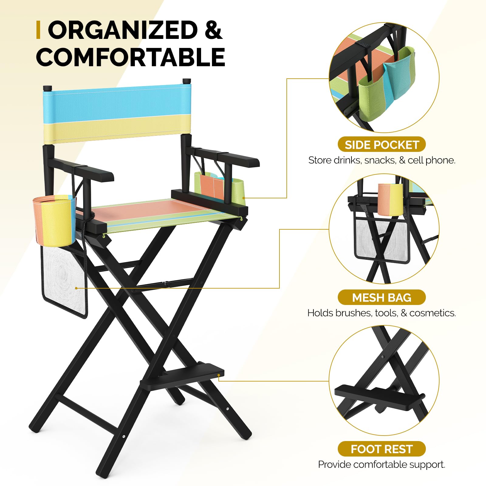 OmySalon 31in Wooden Portable Director Chair Folding Makeup Chair with Storage Pouch
