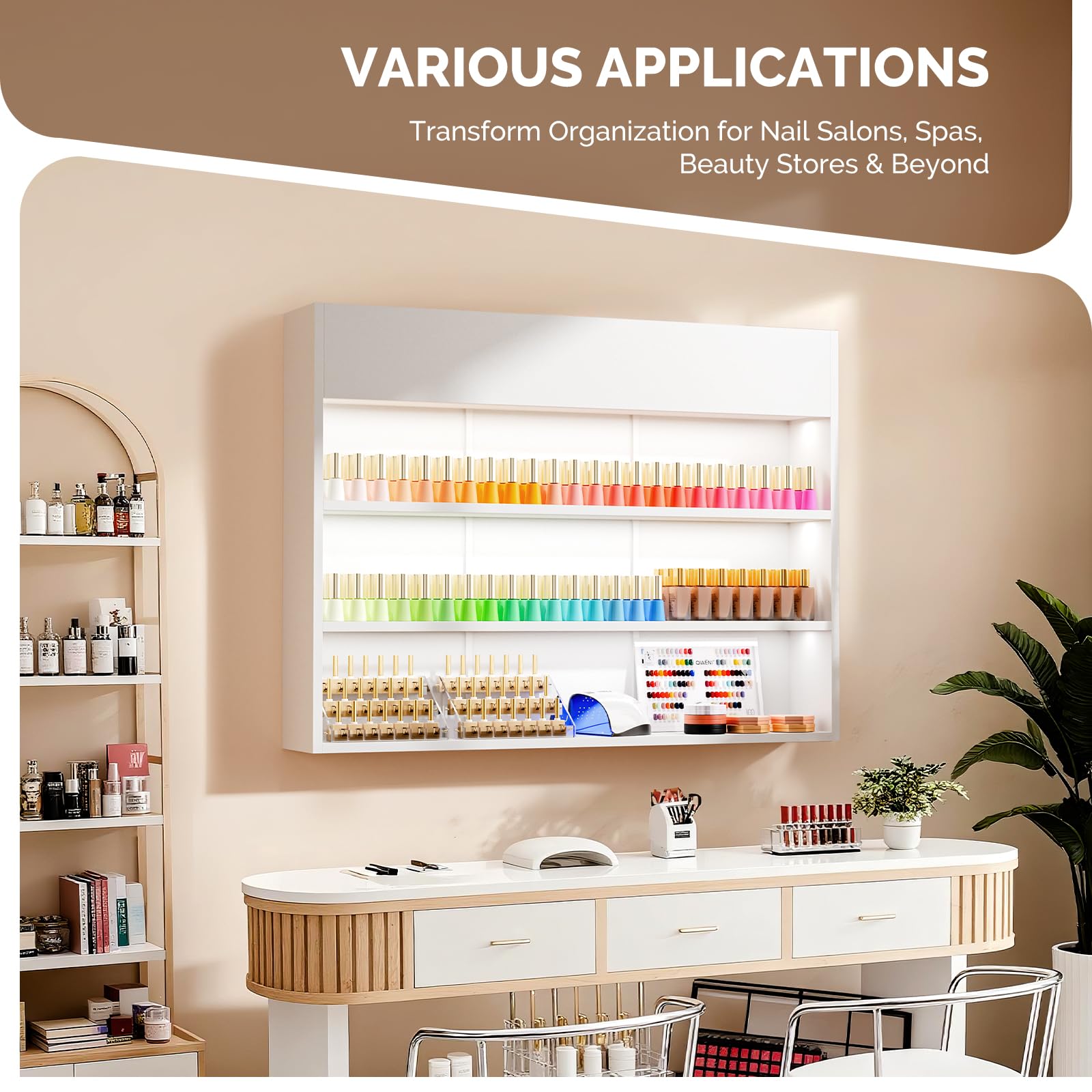 OmySalon 3-Tier Wall Mount LED Wooden Nail Polish Organizer Shelf with USB Touch Control