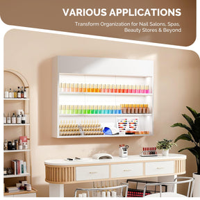 OmySalon 3-Tier Wall Mount LED Wooden Nail Polish Organizer Shelf with USB Touch Control