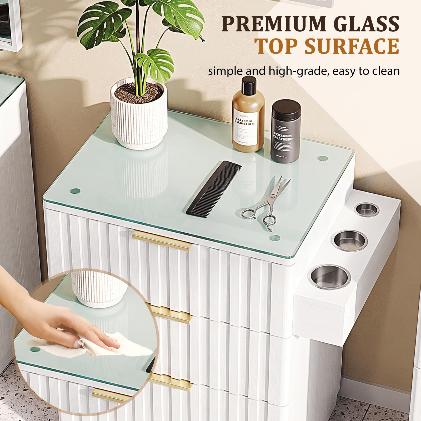 OmySalon SCGFD Modern Retro Salon Styling Station with Glass Top, 4 Drawers & 3 Hot Tool Holders