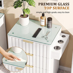 OmySalon SCGFD Modern Retro Salon Styling Station with Glass Top, 4 Drawers & 3 Hot Tool Holders
