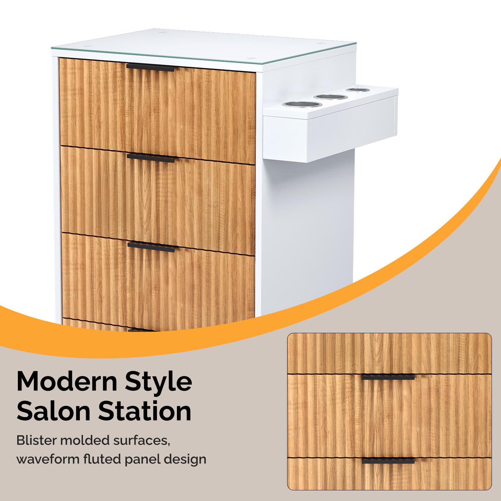 OmySalon SCWFD Modern Retro Style Salon Styling Storage Station Cabinet with Removable Glass Top & 4 Drawers 3 Hot Tool Holders