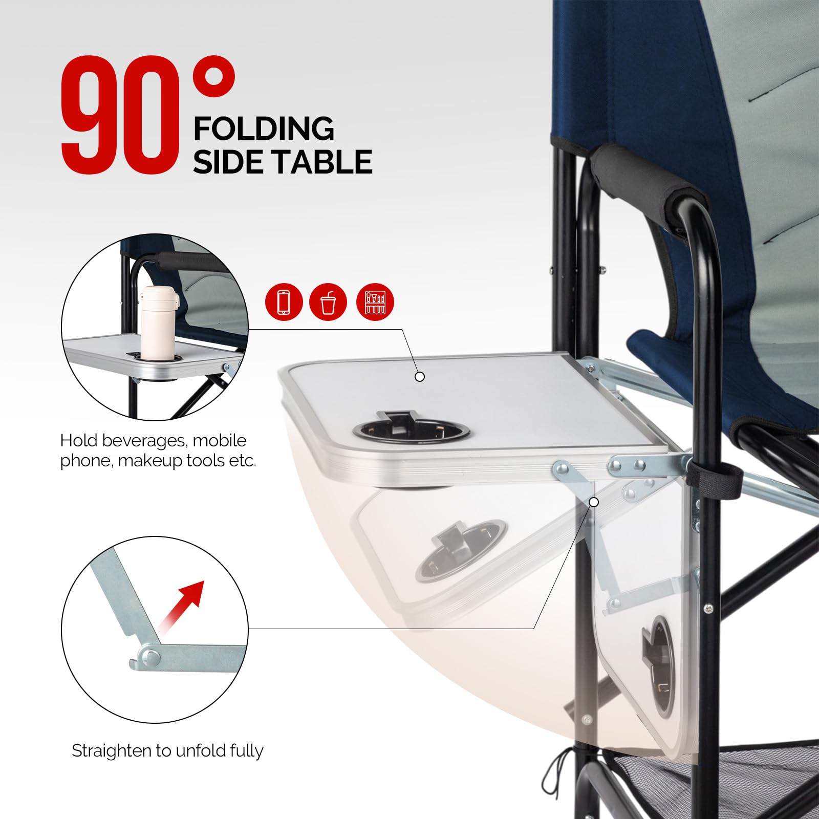 OmySalon Extra Tall 30.7in Folding Director Chair with Side Table & Storage Pockets