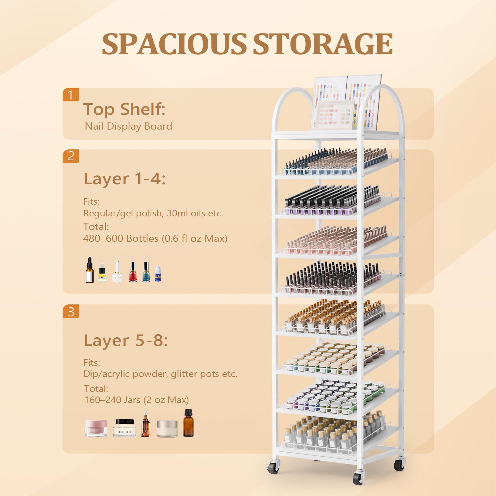 OmySalon 8-Tier Rolling Nail Polish & Powder Display Organizer Rack with Wheels
