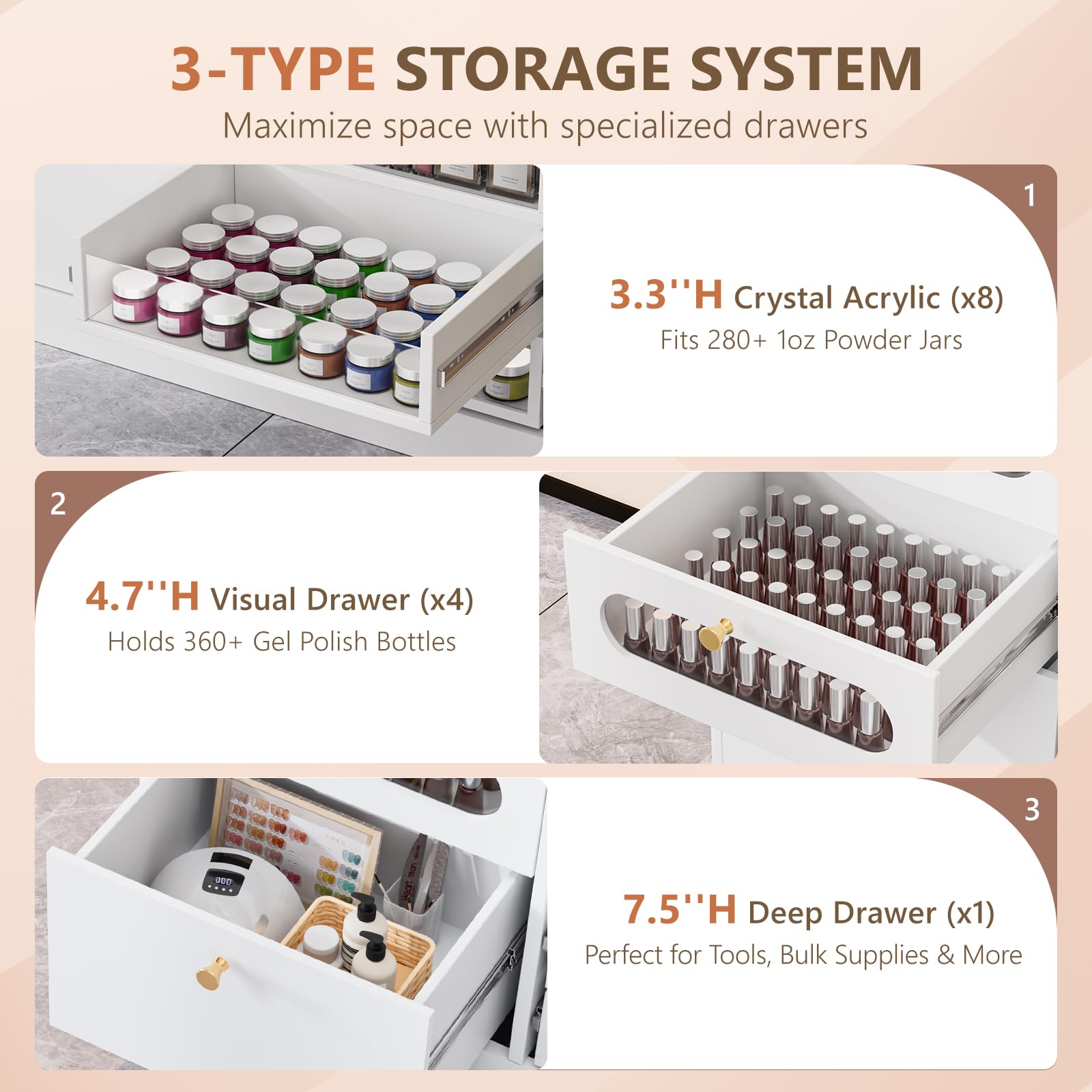 OmySalon 32" L Floor-Standing Nail Polish & Powder Organizer Cabinet with 8 Clear & 4 Visual Drawers