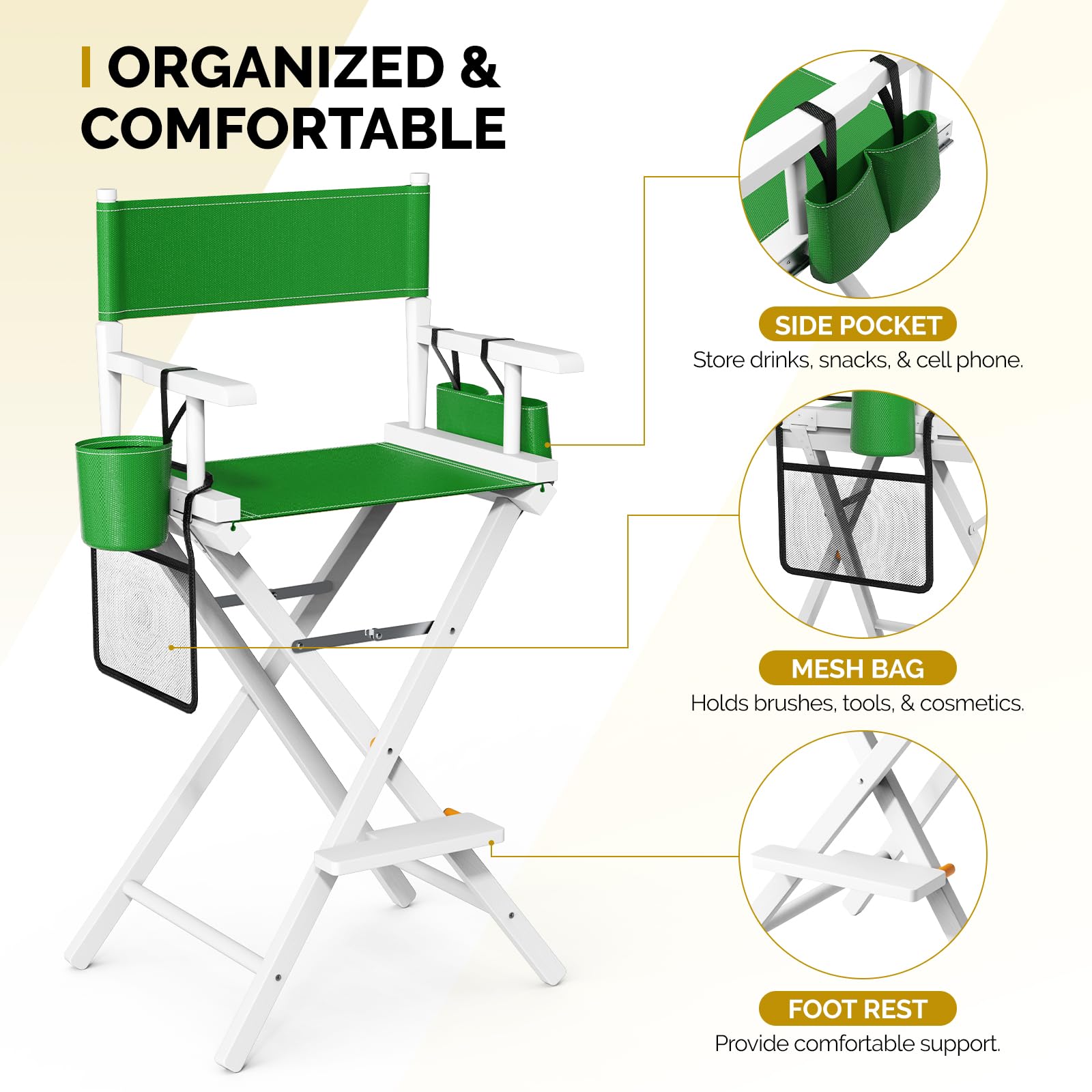 OmySalon 31in Wooden Portable Director Chair Folding Makeup Chair with Storage Pouch