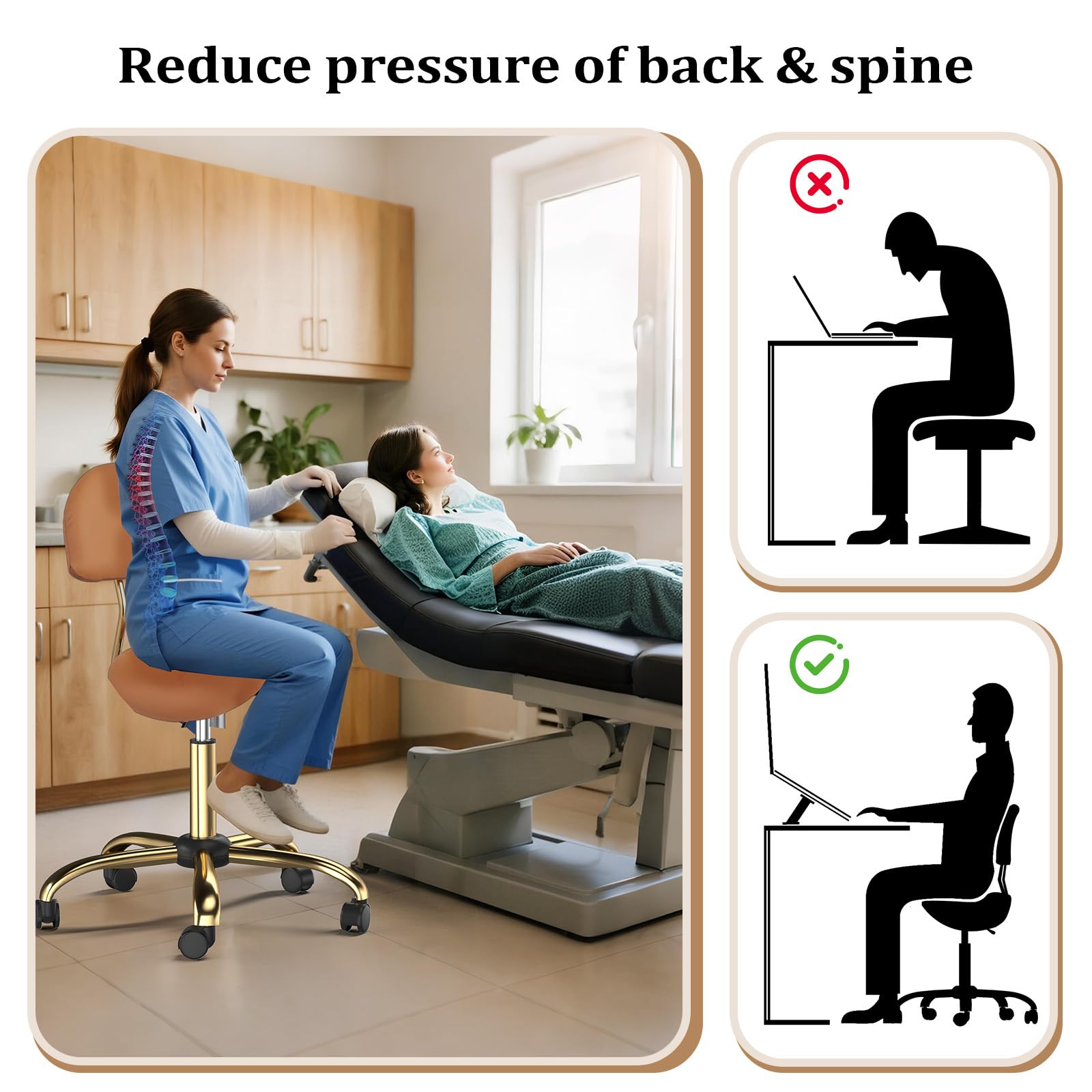 OmySalon Hydraulic Adjustable Rolling Saddle Stool with Back Support