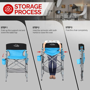OmySalon 25in Portable Folding Director Chair with Retractable Side Tables & Side Bags