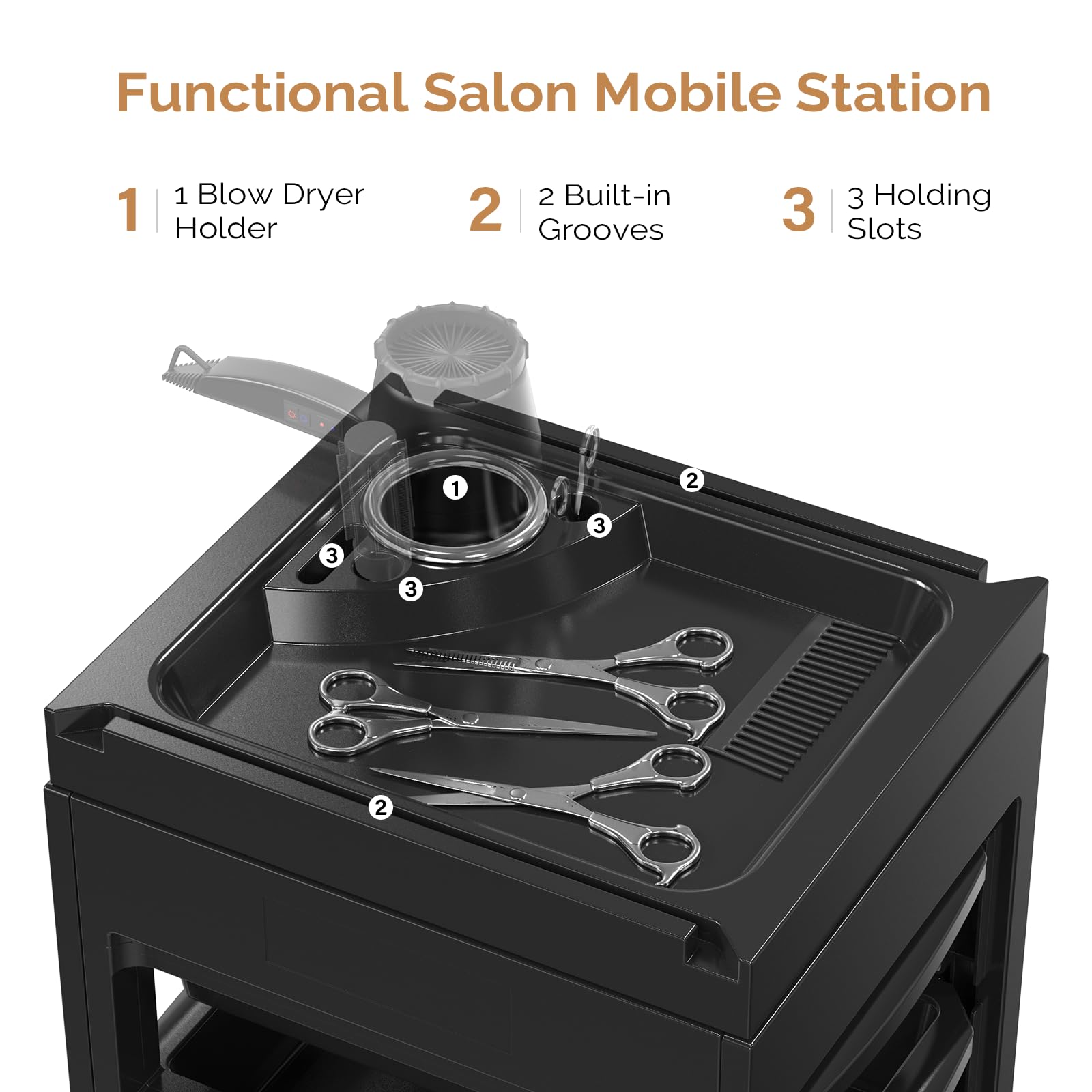OmySalon Rolling Salon Trolley Cart w/Wheels & 5 Drawers Hair Dryer Holders