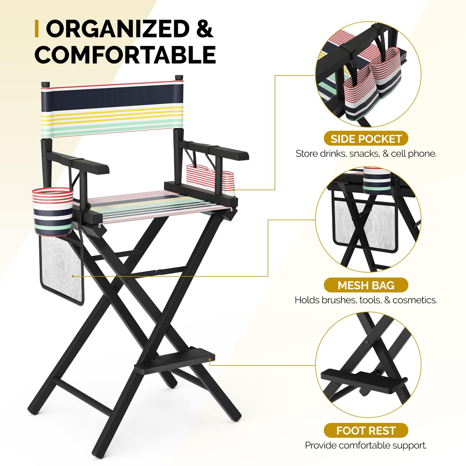 OmySalon 31in Wooden Portable Director Chair Folding Makeup Chair with Storage Pouch
