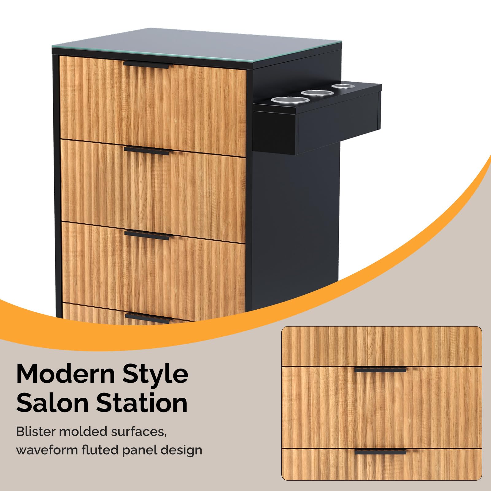 OmySalon SCWFD Modern Retro Style Salon Styling Storage Station Cabinet with Removable Glass Top & 4 Drawers 3 Hot Tool Holders