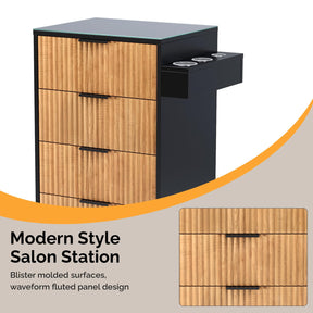 OmySalon SCWFD Modern Retro Style Salon Styling Storage Station Cabinet with Removable Glass Top & 4 Drawers 3 Hot Tool Holders