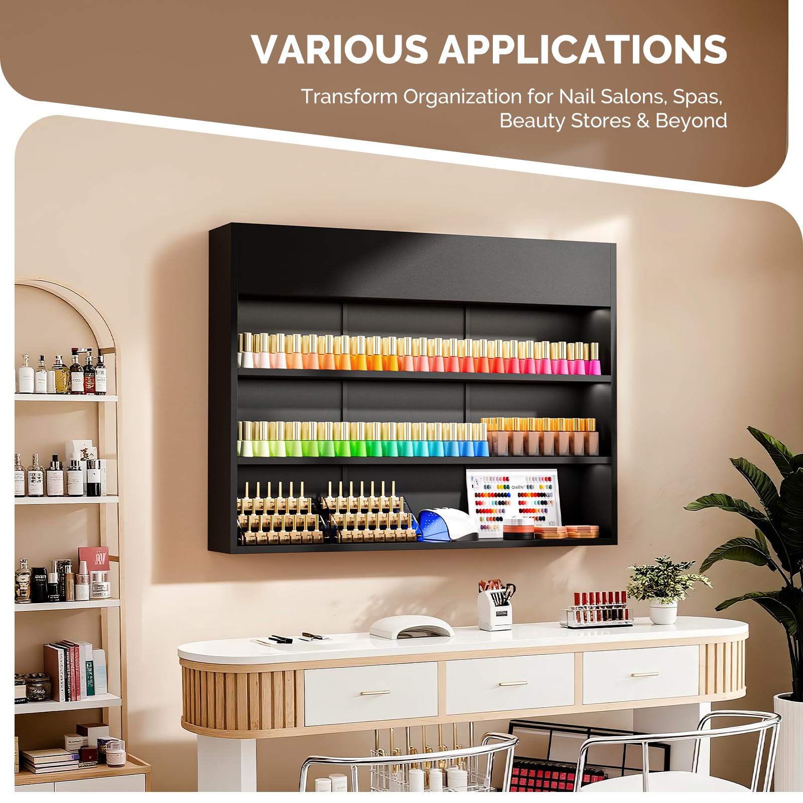 OmySalon 3-Tier Wall Mount LED Wooden Nail Polish Organizer Shelf with USB Touch Control