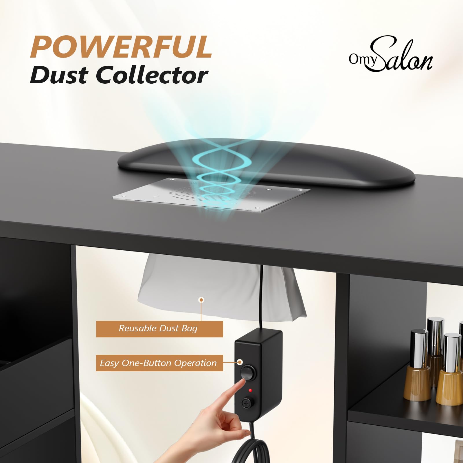 OmySalon MT-RL Rotatable L-Shaped Nail Manicure Table with Electric Dust Collector, Storage Trolley & Wrist Rest