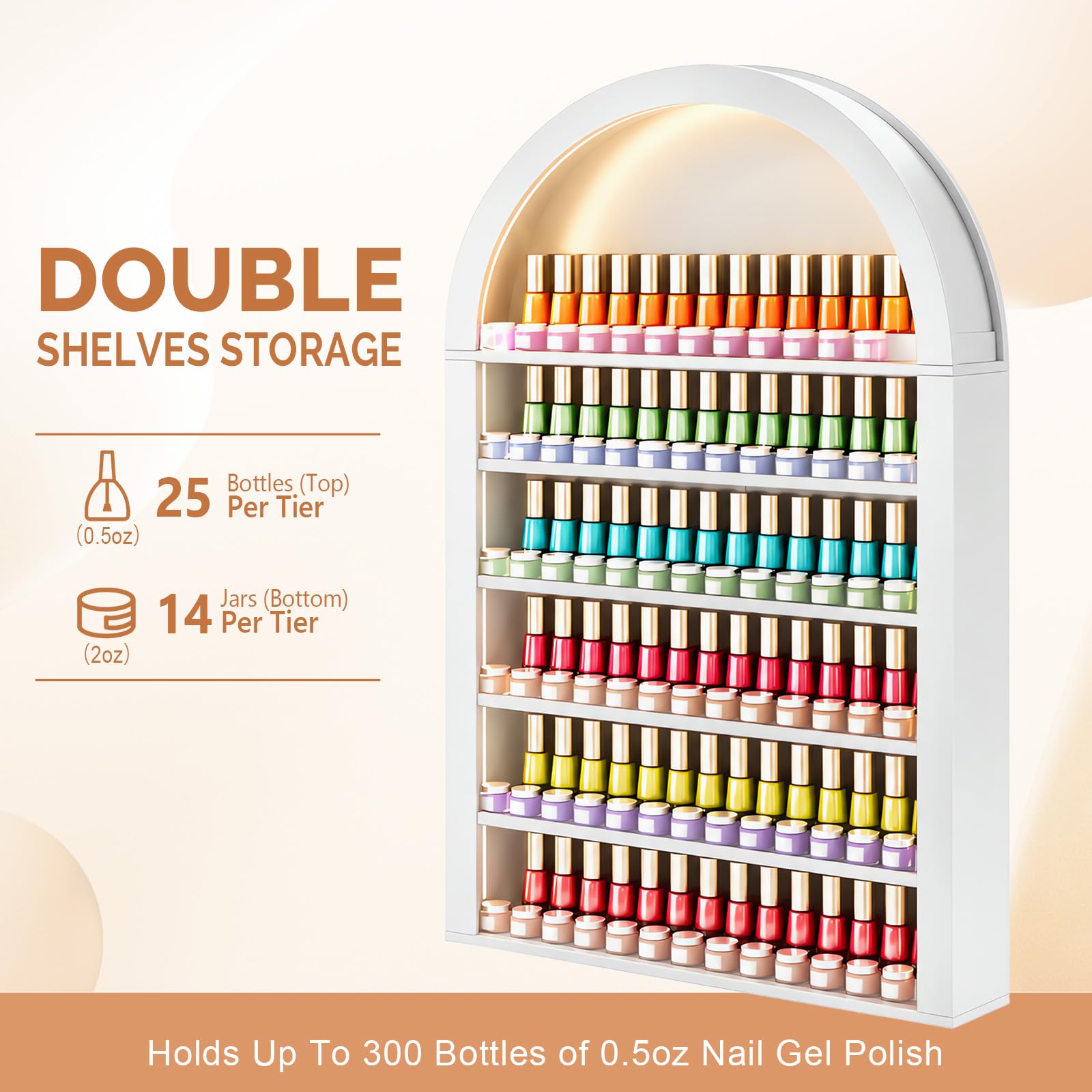 OmySalon Wall-Mounted Double 6-Tier Arched Nail Polish Organizer Rack With Led Lighting
