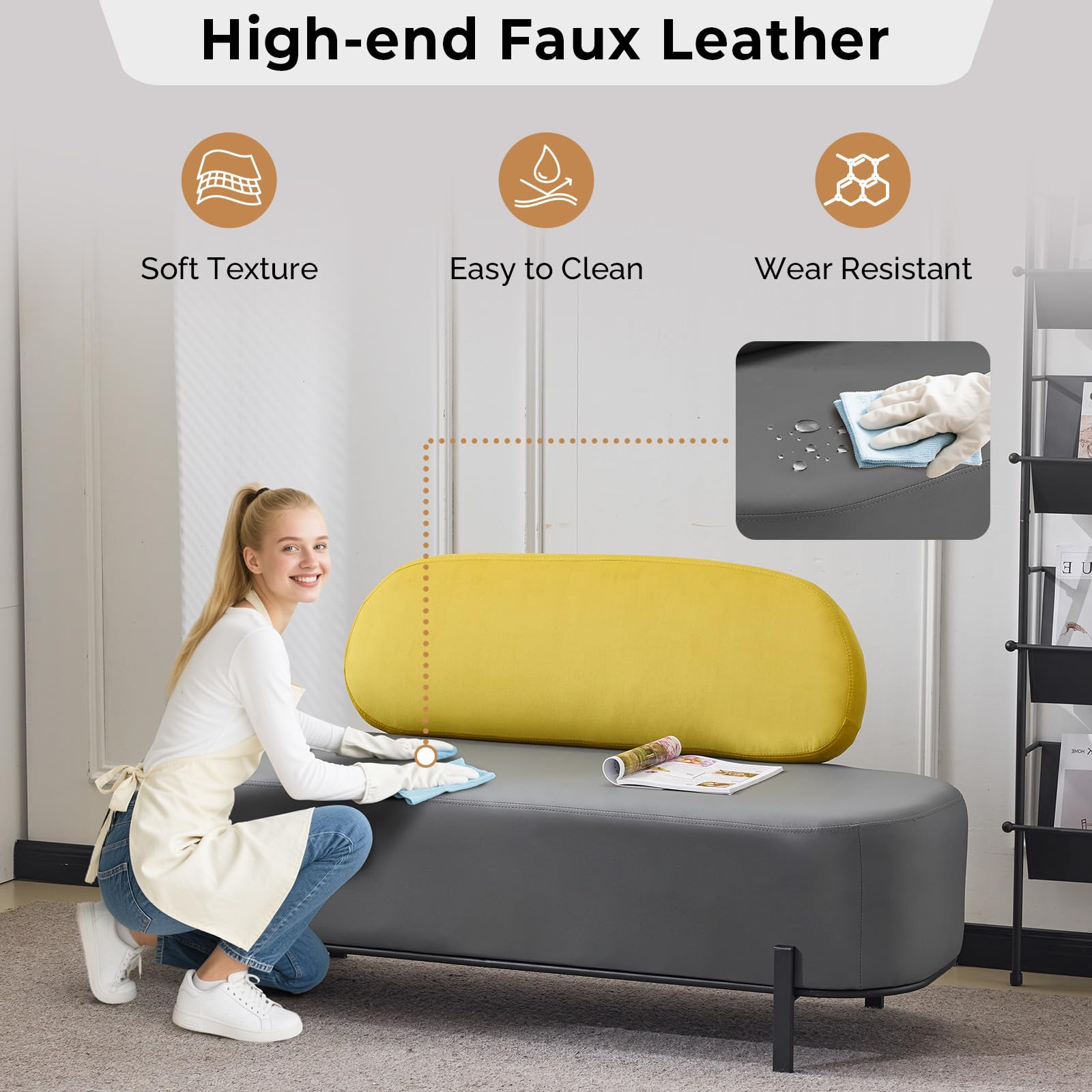 OmySalon WRB1801 55.1in Faux Leather Upholstered Waiting Room Reception Bench Chair with Backrest