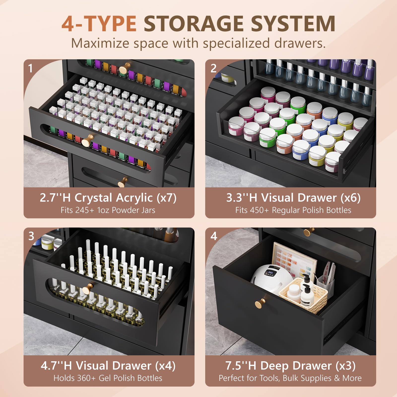 OmySalon Floor-Standing Nail Polish & Powder Organizer Cabinet with Drawers
