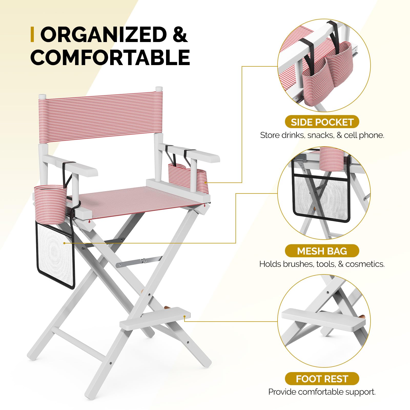 OmySalon 26in Wooden Portable Director Chair Folding Makeup Chair with Storage Pouch