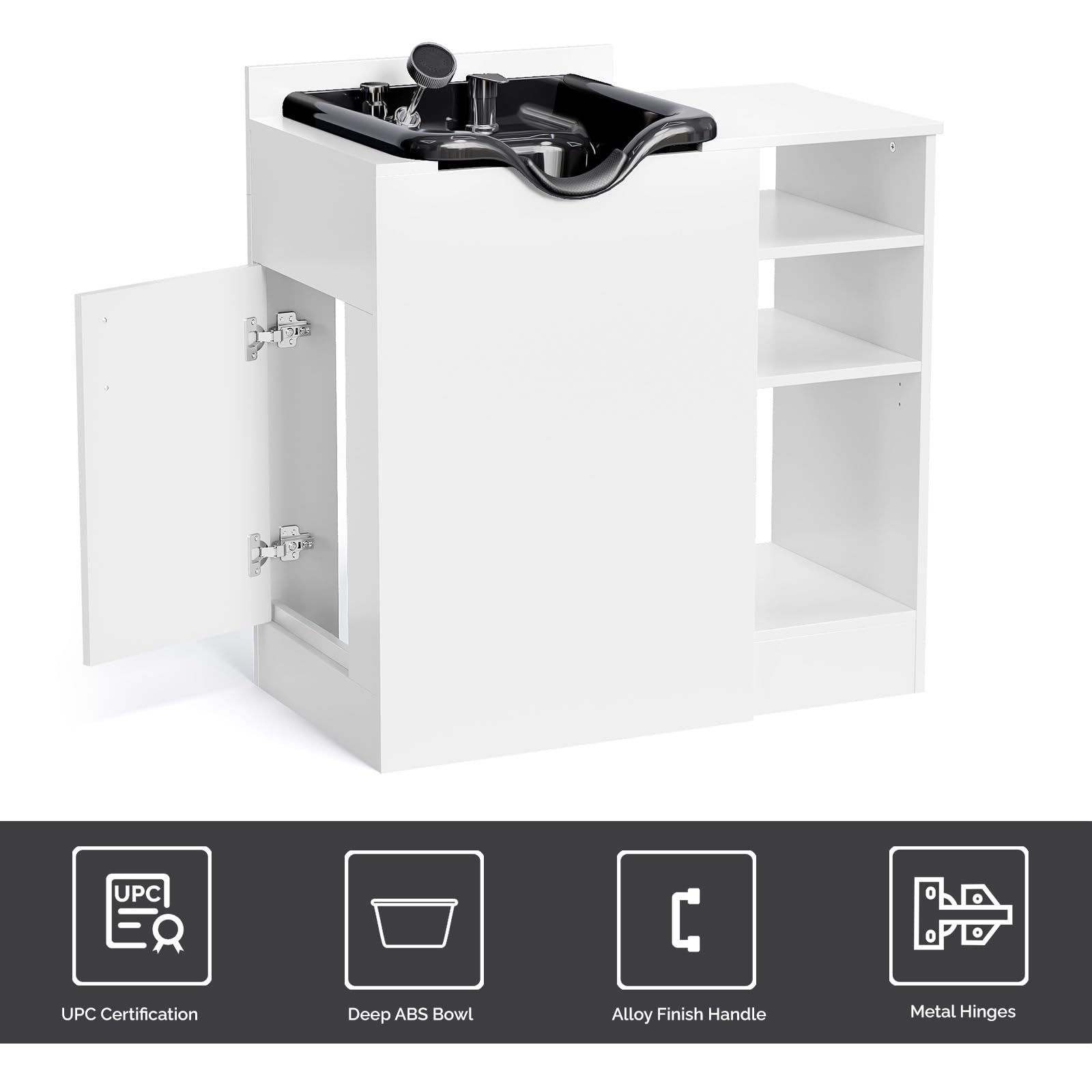 Omysalon HWCOC Salon Wet Cabinet Station with Shampoo Bowl & Adjustable Shelves & Sprayer Faucet