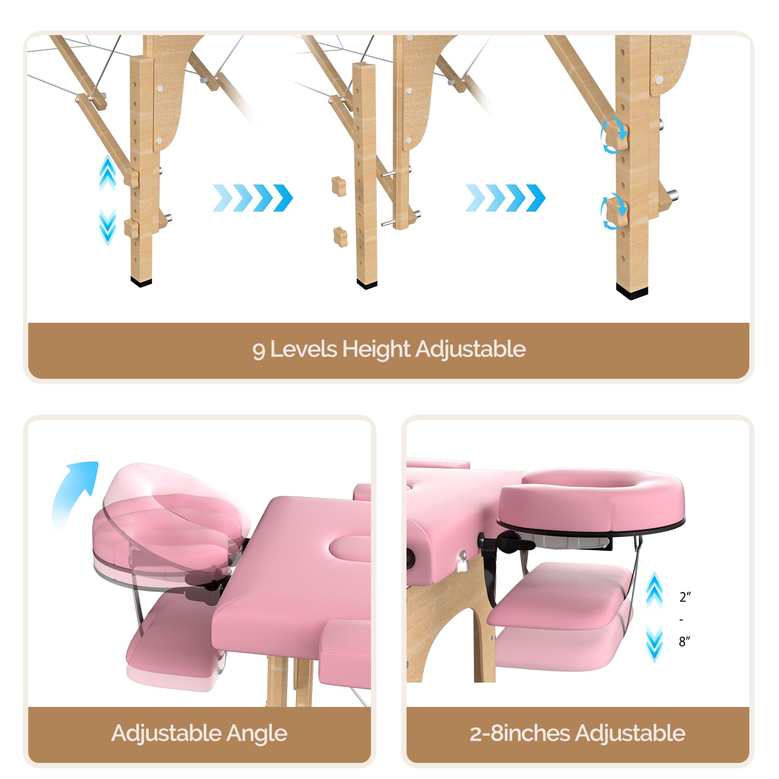 OmySalon 2FBW 84in 2-Fold Portable Physical Therapy Massage Table with Carrying Bag, Face Cradle & Wooden Frame