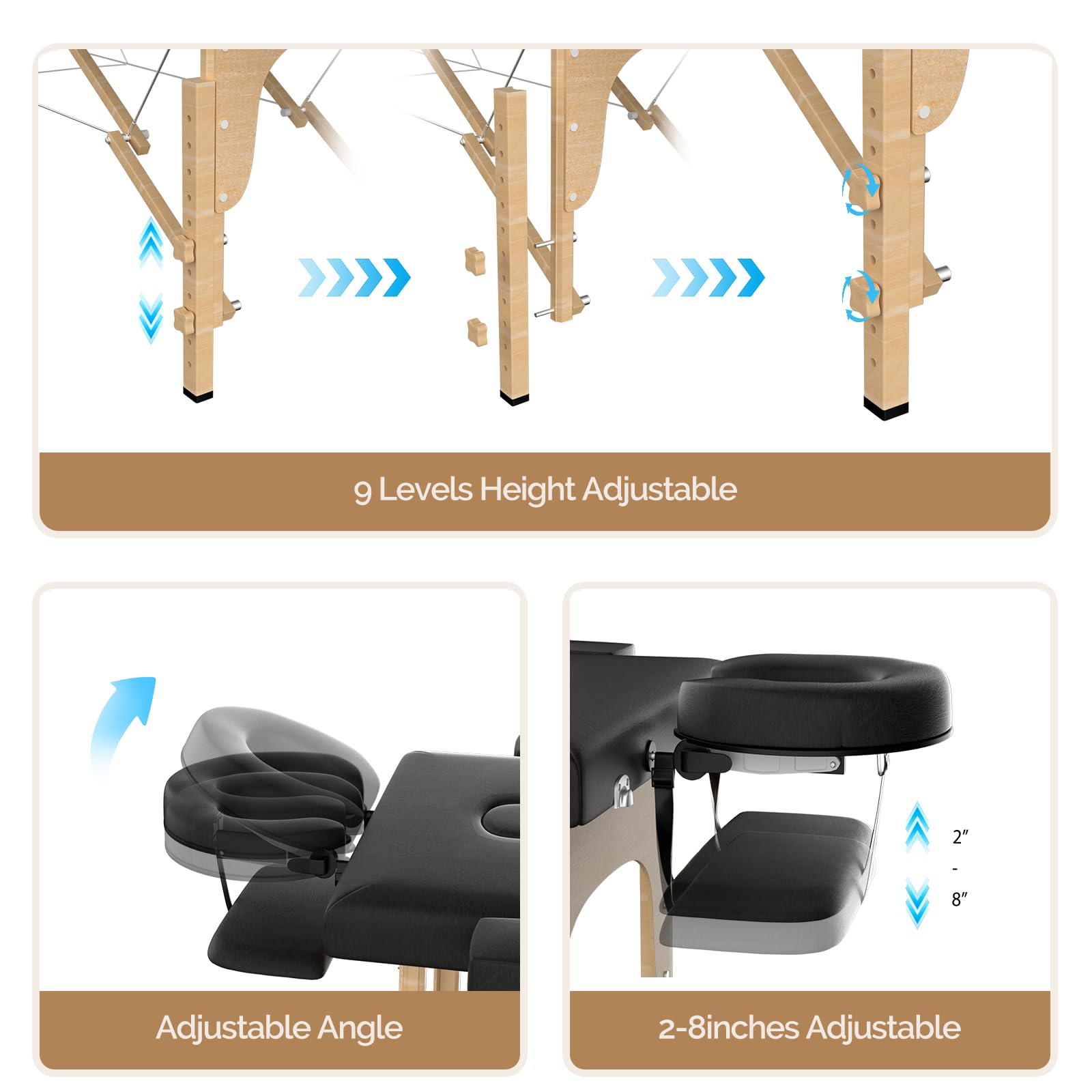 OmySalon 2FBW 84in 2-Fold Portable Physical Therapy Massage Table with Carrying Bag, Face Cradle & Wooden Frame