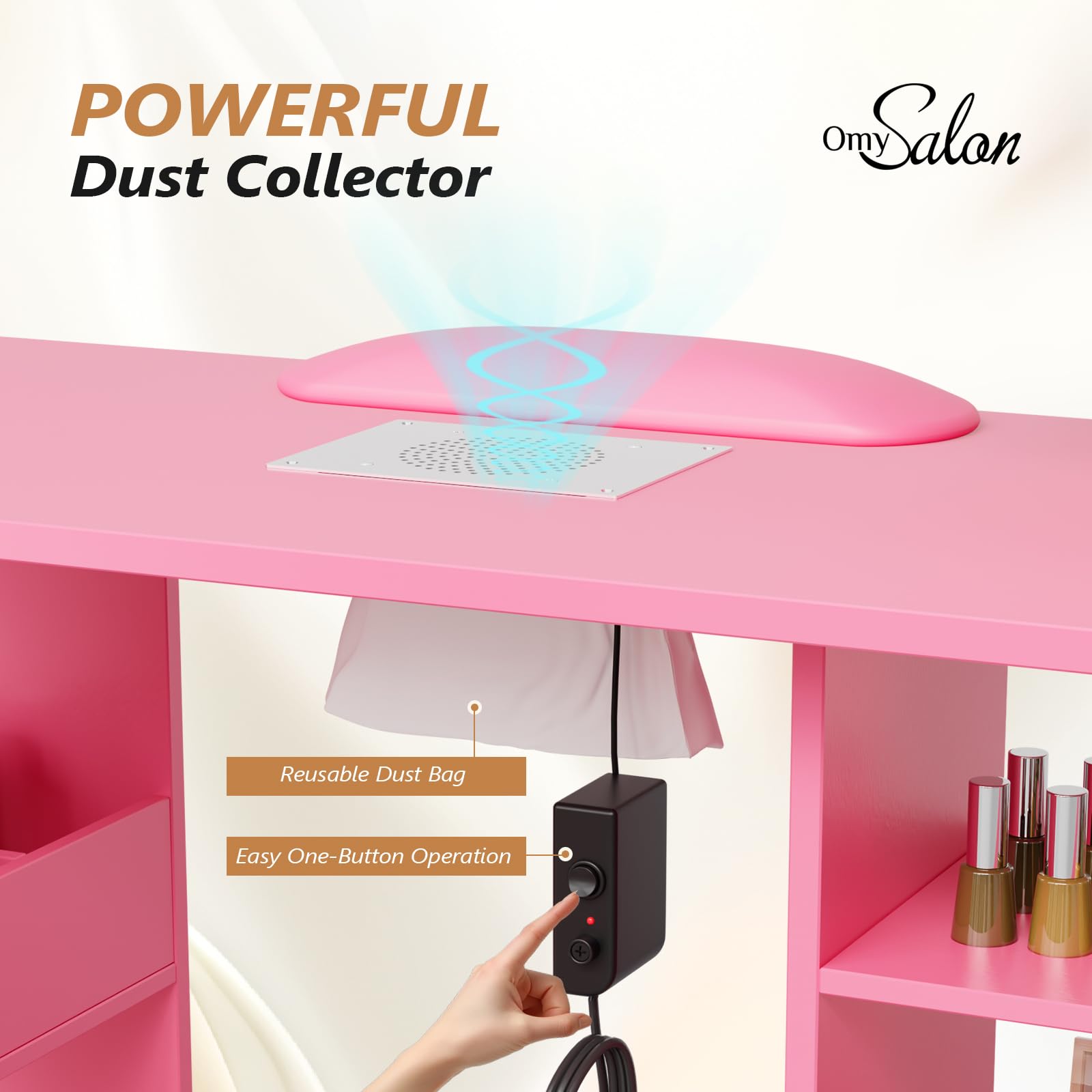 OmySalon MT-RL Rotatable L-Shaped Nail Manicure Table with Electric Dust Collector, Storage Trolley & Wrist Rest