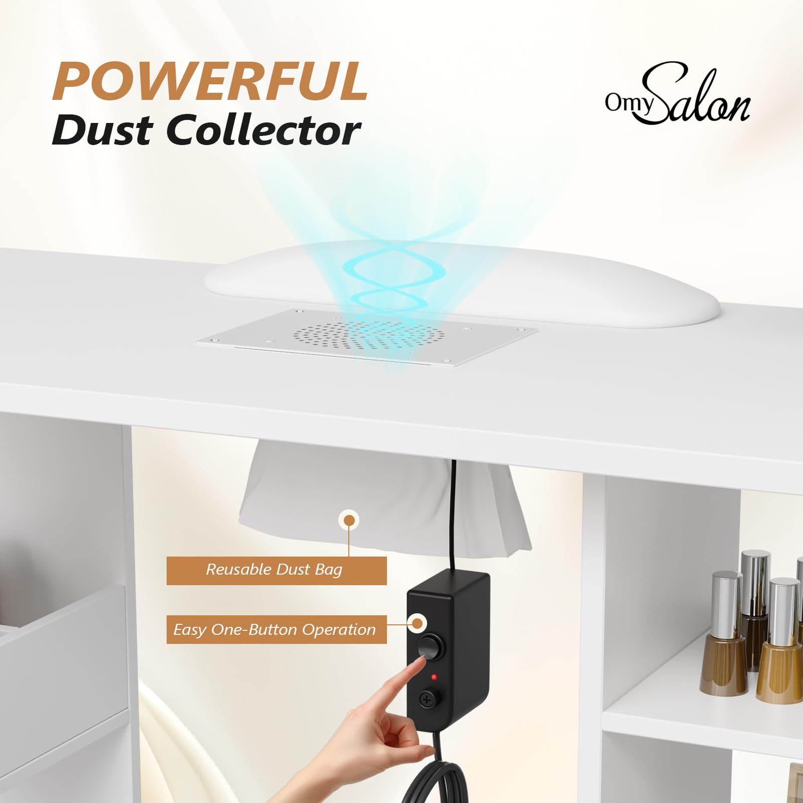 OmySalon MT-RL Rotatable L-Shaped Nail Manicure Table with Electric Dust Collector, Storage Trolley & Wrist Rest