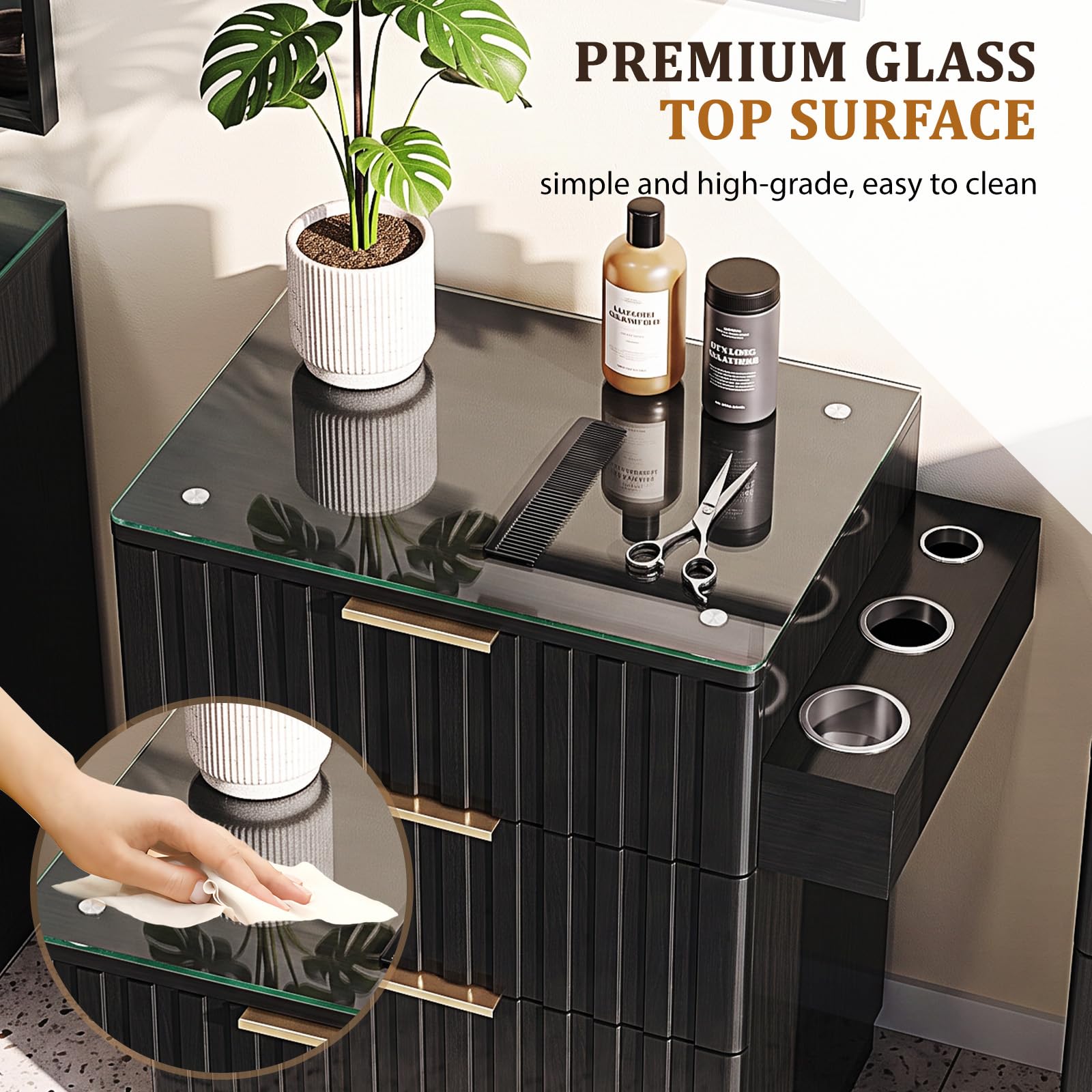 OmySalon SCGFD Modern Retro Salon Styling Station with Glass Top, 4 Drawers & 3 Hot Tool Holders