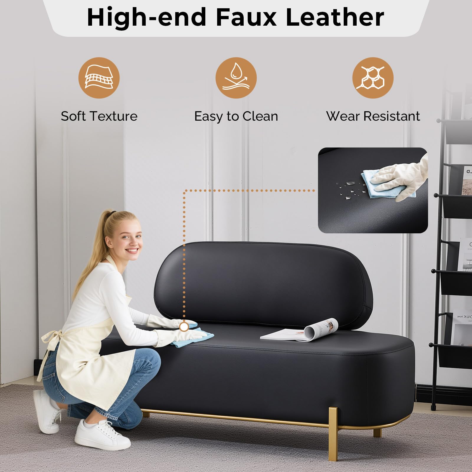 OmySalon WRB1801 55.1in Faux Leather Upholstered Waiting Room Reception Bench Chair with Backrest