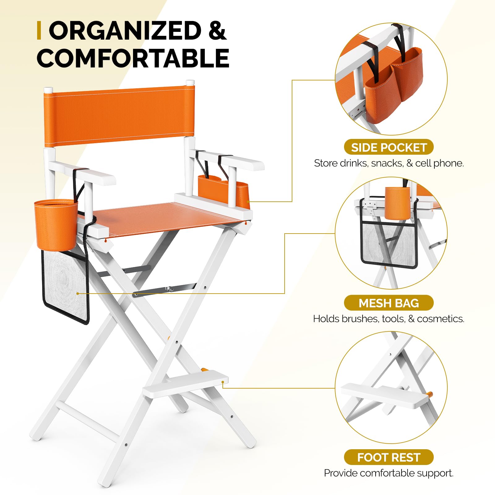 OmySalon 31in Wooden Portable Director Chair Folding Makeup Chair with Storage Pouch
