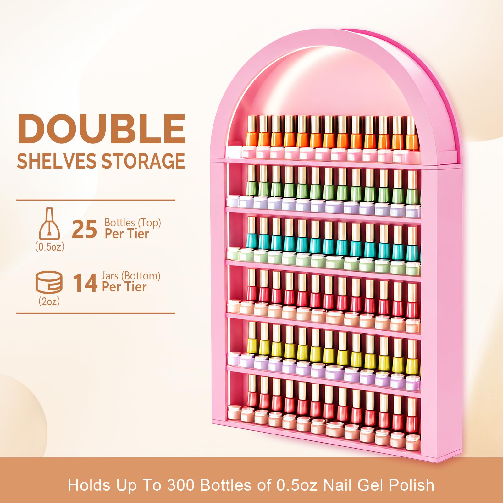 OmySalon Wall-Mounted Double 6-Tier Arched Nail Polish Organizer Rack With Led Lighting