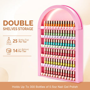 OmySalon Wall-Mounted Double 6-Tier Arched Nail Polish Organizer Rack With Led Lighting