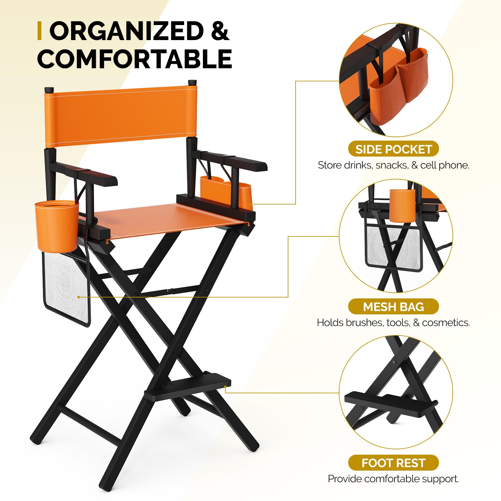 OmySalon 31in Wooden Portable Director Chair Folding Makeup Chair with Storage Pouch