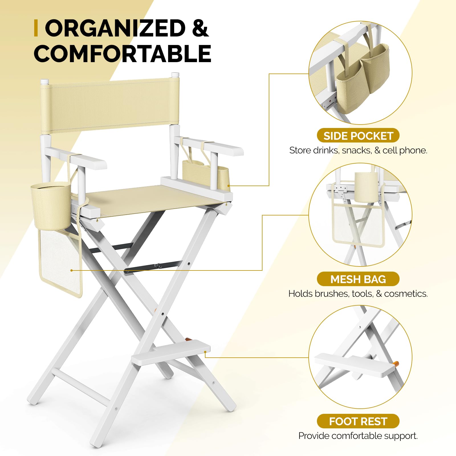 OmySalon 31in Wooden Portable Director Chair Folding Makeup Chair with Storage Pouch