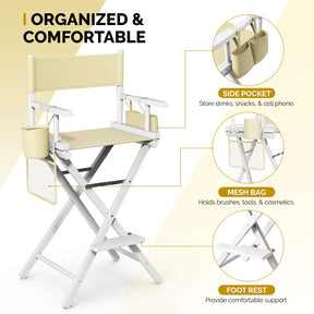 OmySalon 31in Wooden Portable Director Chair Folding Makeup Chair with Storage Pouch