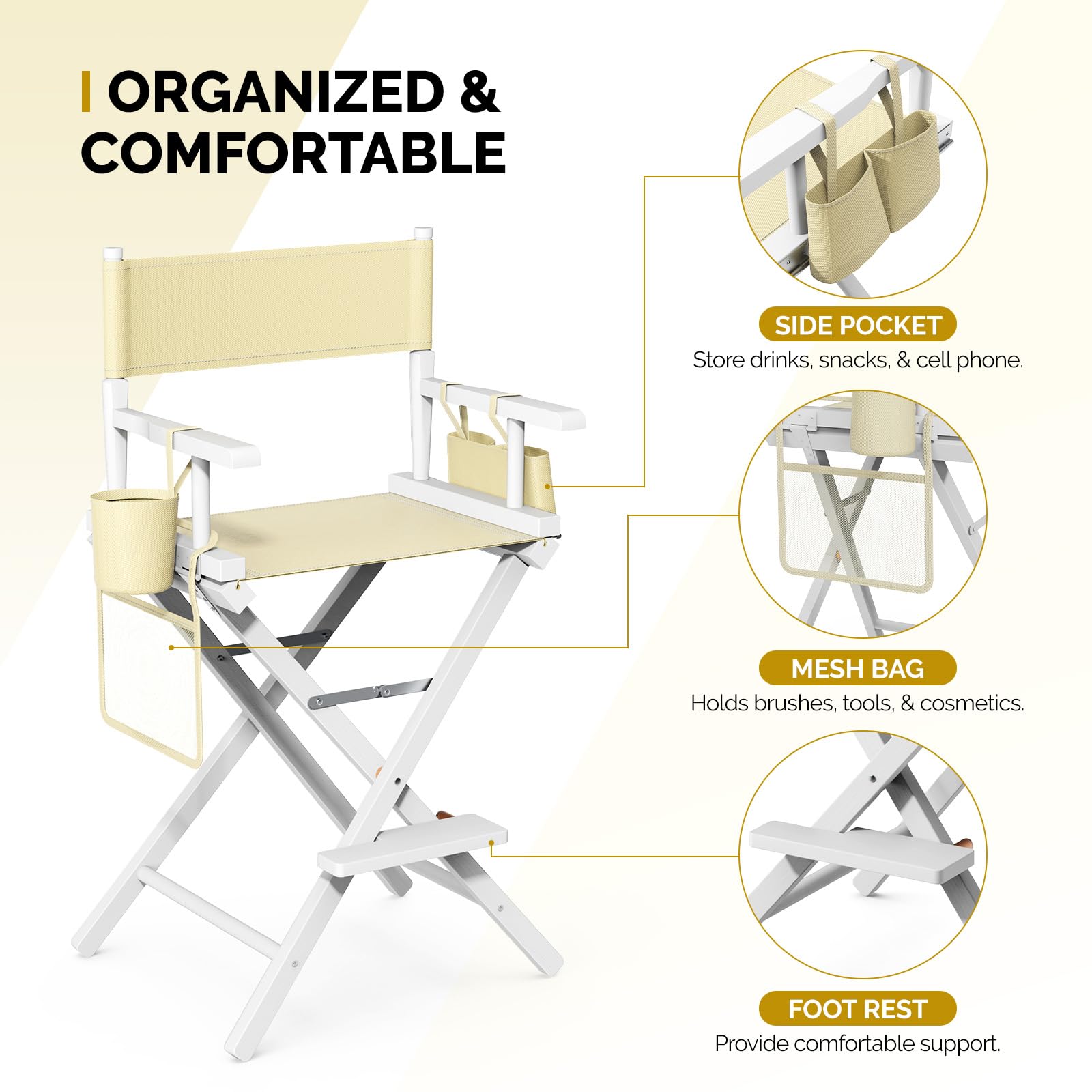 OmySalon 26in Wooden Portable Director Chair Folding Makeup Chair with Storage Pouch