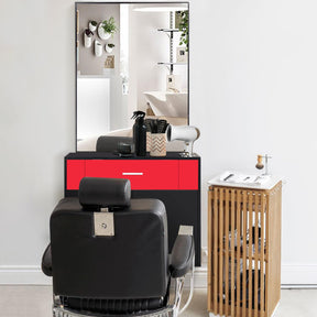 OmySalon Wall Mount Salon Station with Mirror 1 Drawer 1 Storage Cabinet 2 Hair Dryer Holders Black/Black & Red