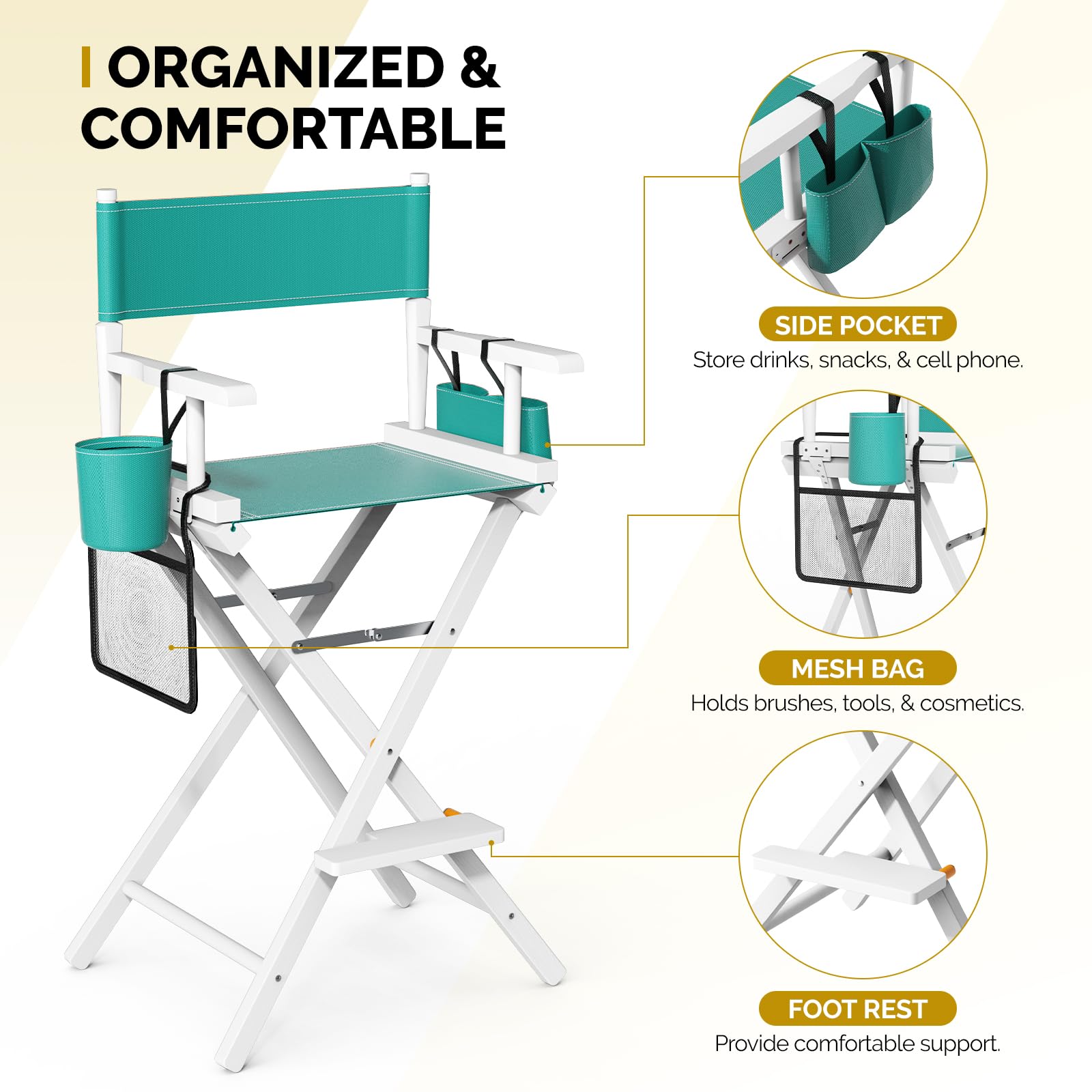 OmySalon 31in Wooden Portable Director Chair Folding Makeup Chair with Storage Pouch