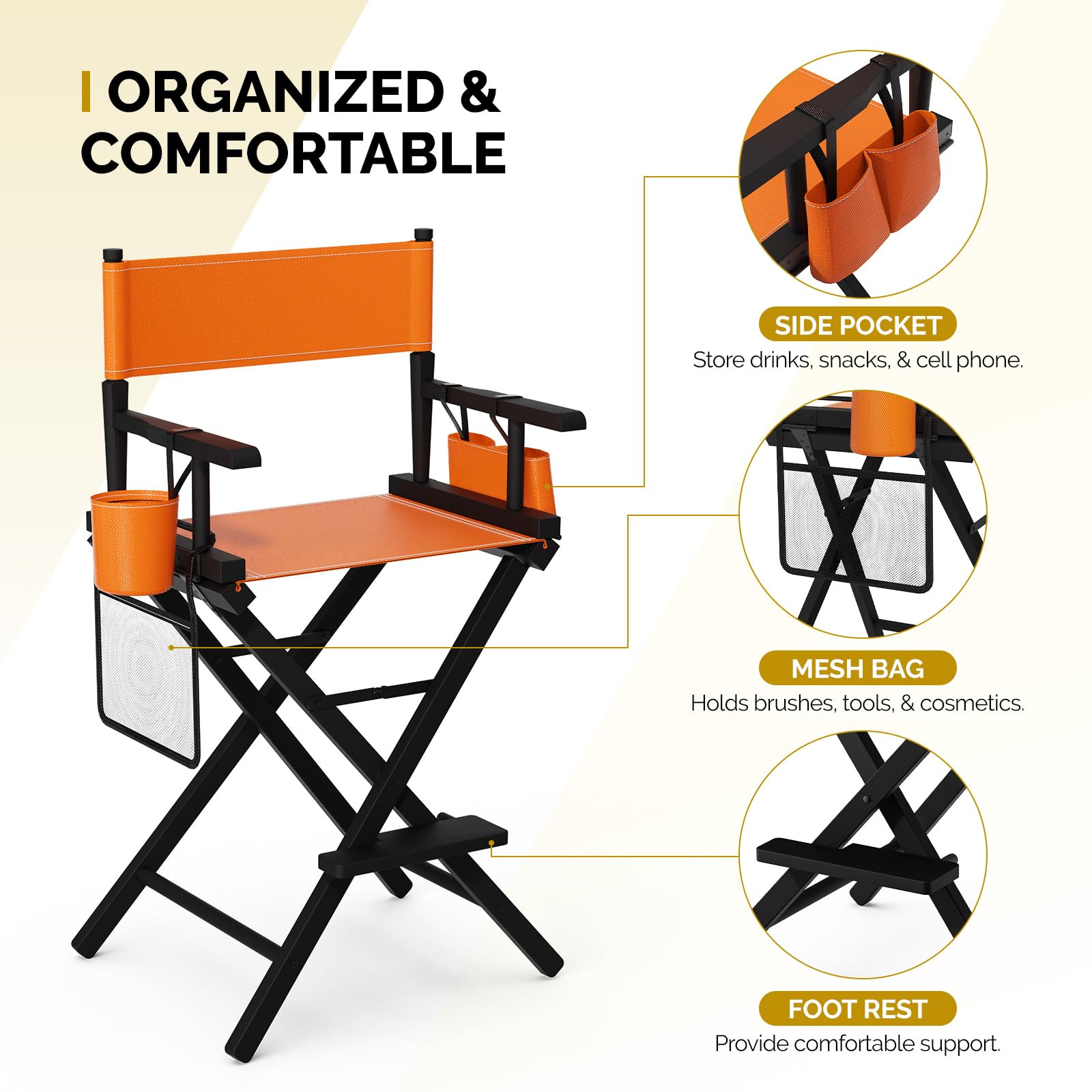 OmySalon 26in Wooden Portable Director Chair Folding Makeup Chair with Storage Pouch