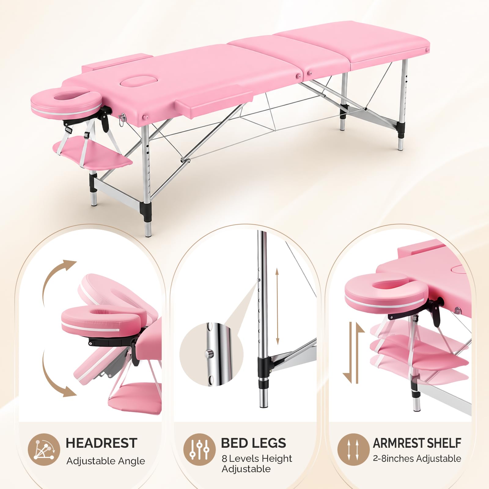 OmySalon FA-MB 84in Portable Height-Adjustable Physical Therapy Massage Table with Aluminum Frame, Face Cradle & Carrying Bag