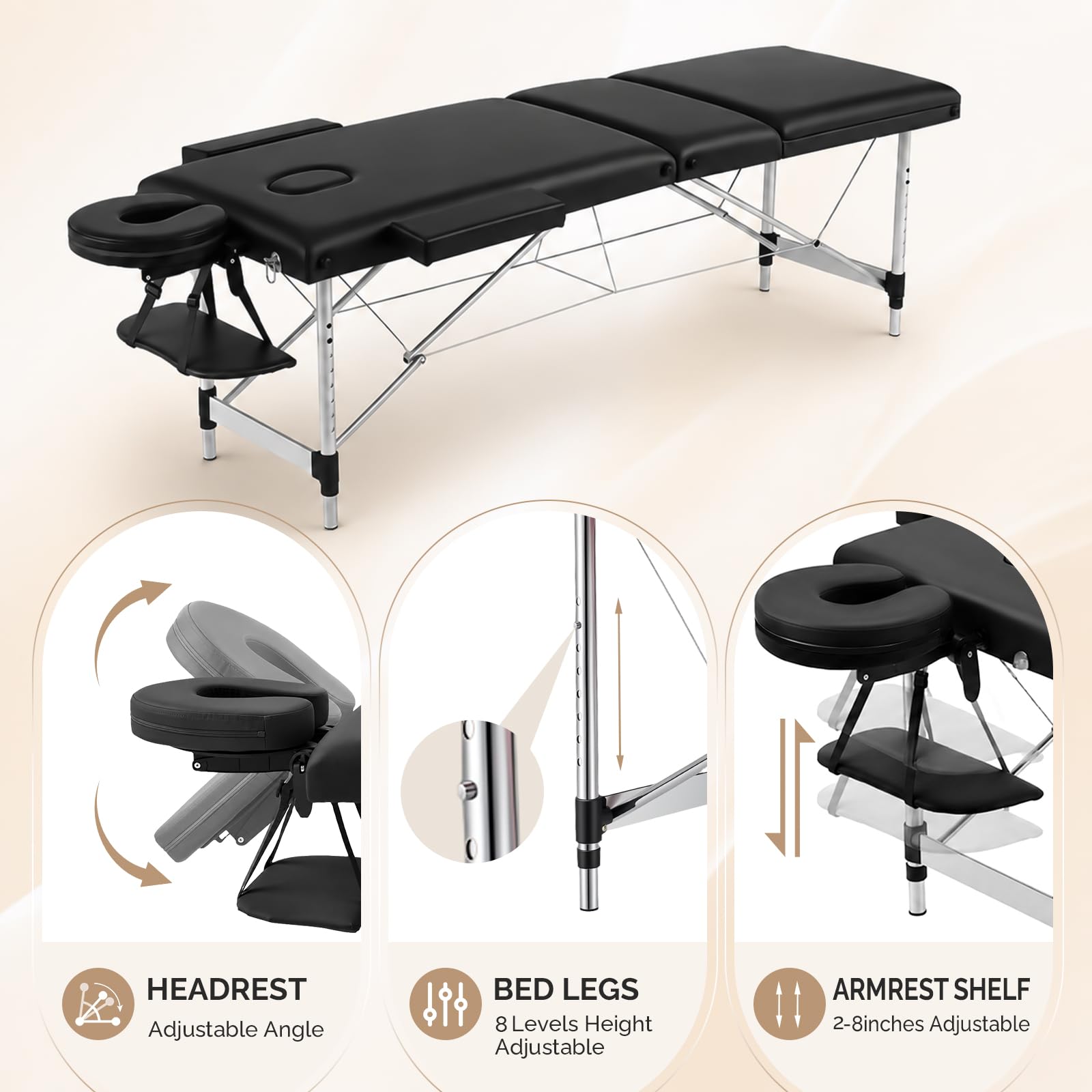 OmySalon FA-MB 84in Portable Height-Adjustable Physical Therapy Massage Table with Aluminum Frame, Face Cradle & Carrying Bag