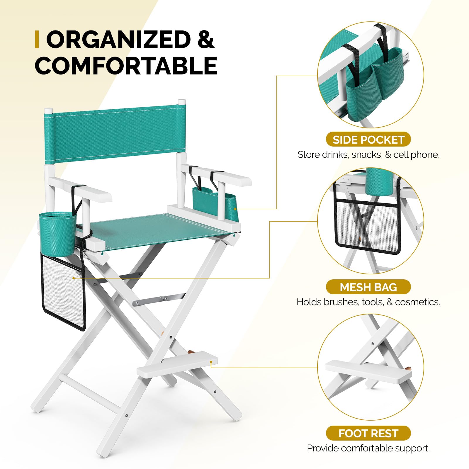 OmySalon 26in Wooden Portable Director Chair Folding Makeup Chair with Storage Pouch