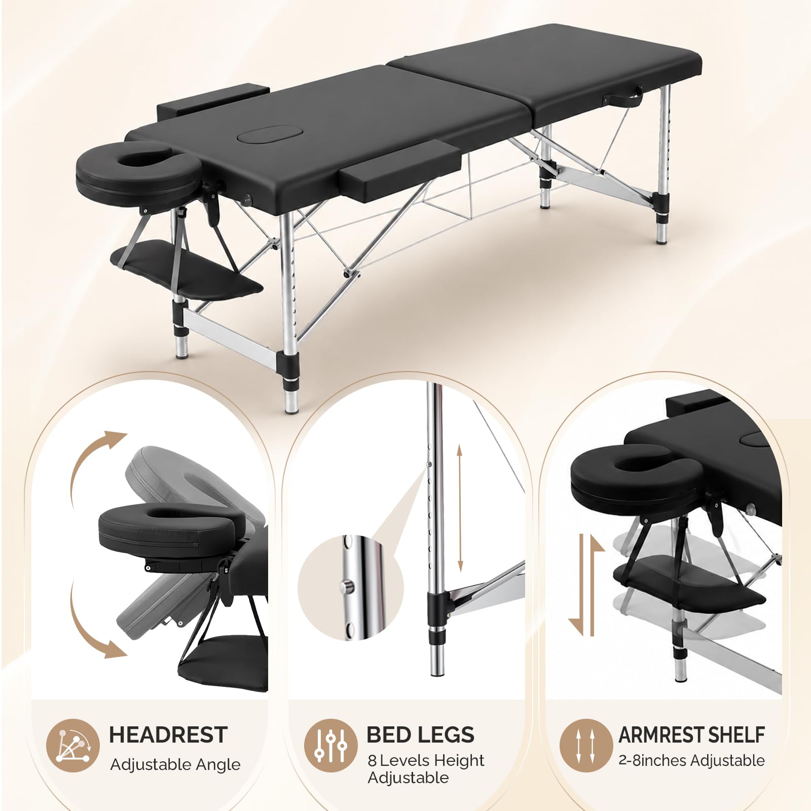 OmySalon FA-MB 84in Portable Height-Adjustable Physical Therapy Massage Table with Aluminum Frame, Face Cradle & Carrying Bag