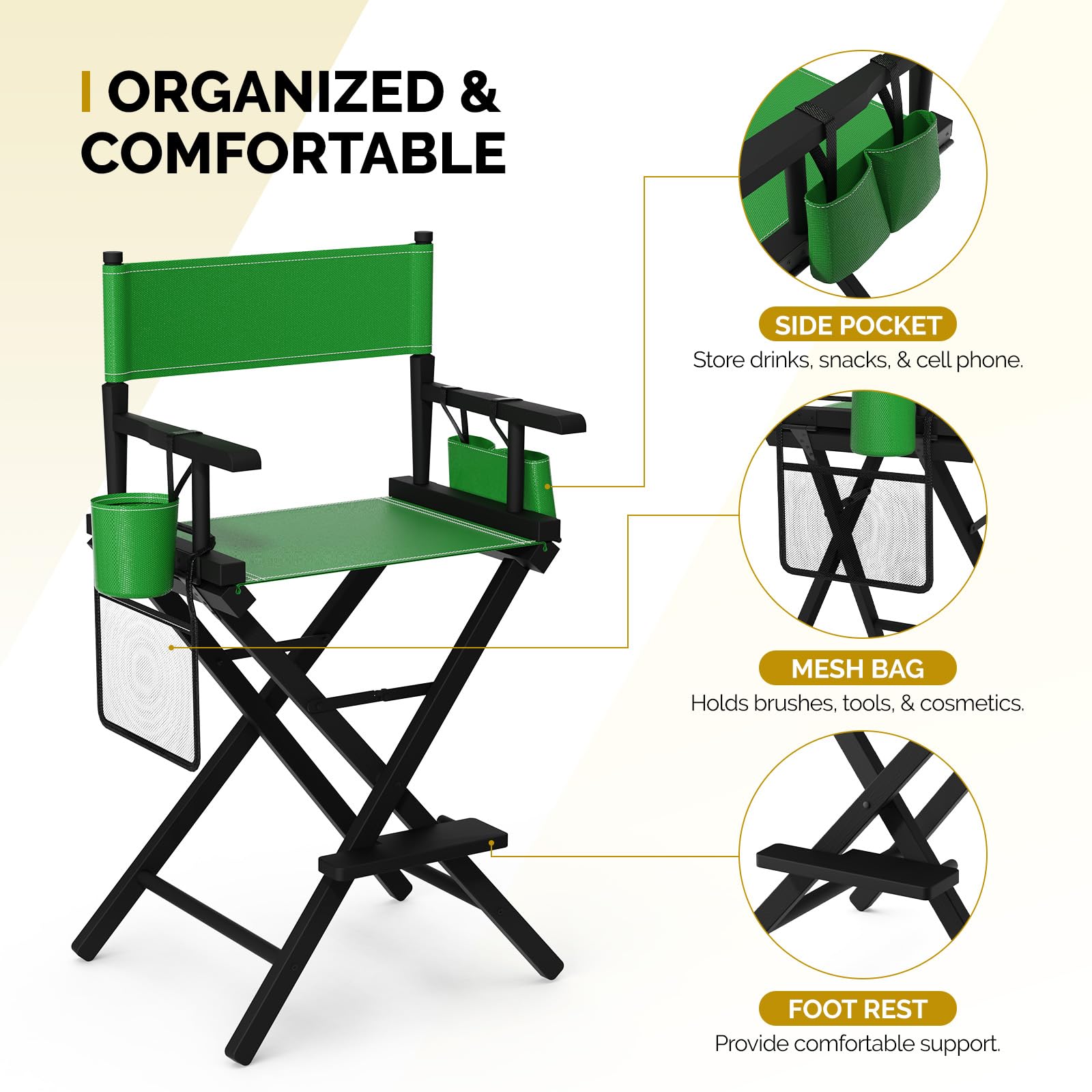 OmySalon 26in Wooden Portable Director Chair Folding Makeup Chair with Storage Pouch