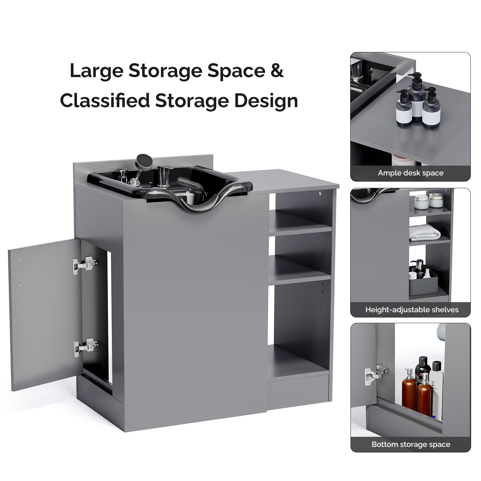 Omysalon HWCOC Salon Wet Cabinet Station with Shampoo Bowl & Adjustable Shelves & Sprayer Faucet