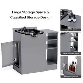 Omysalon HWCOC Salon Wet Cabinet Station with Shampoo Bowl & Adjustable Shelves & Sprayer Faucet
