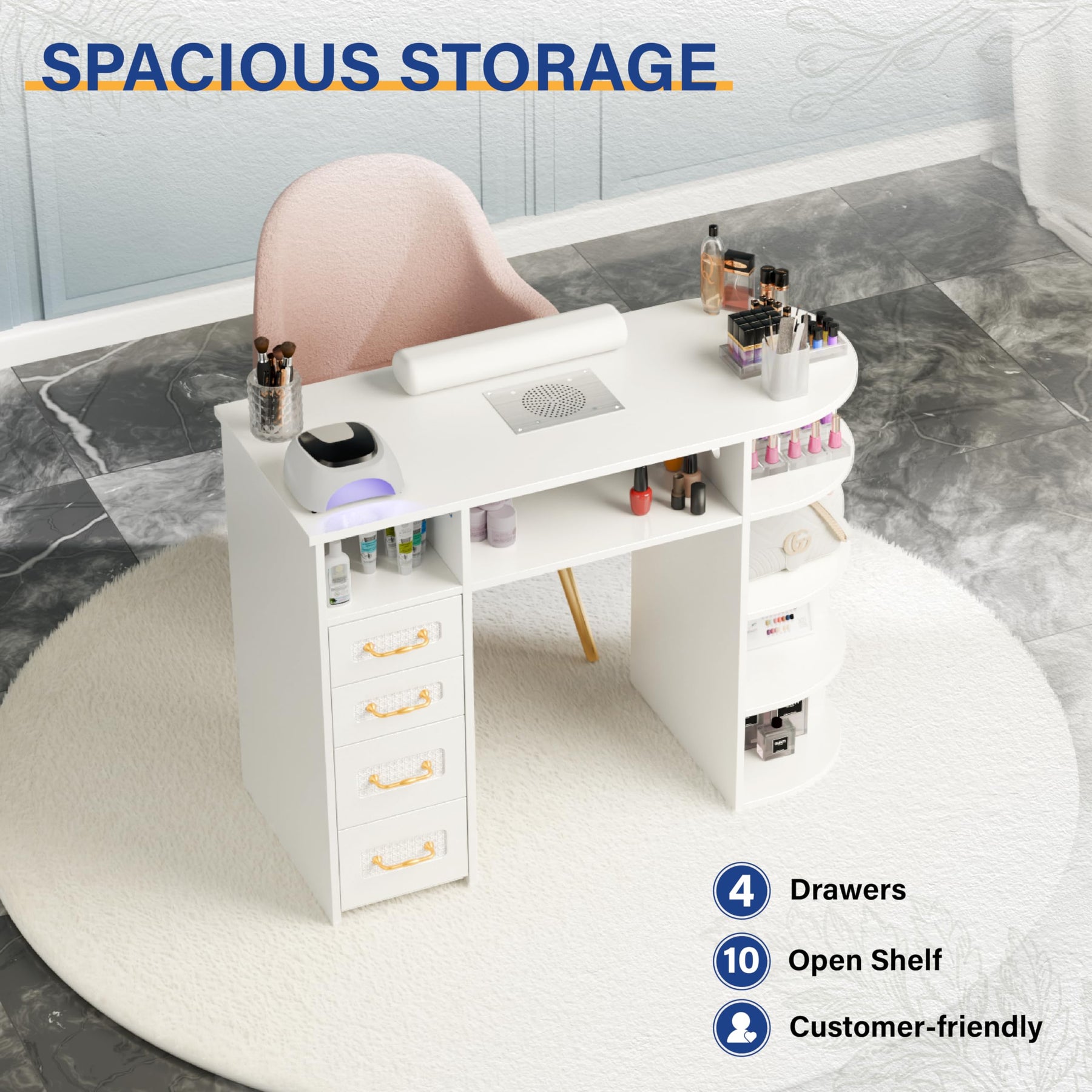 OmySalon MT Rattan Nail Manicure Table with Display Storage, Electric Dust Collector & Wrist Rest