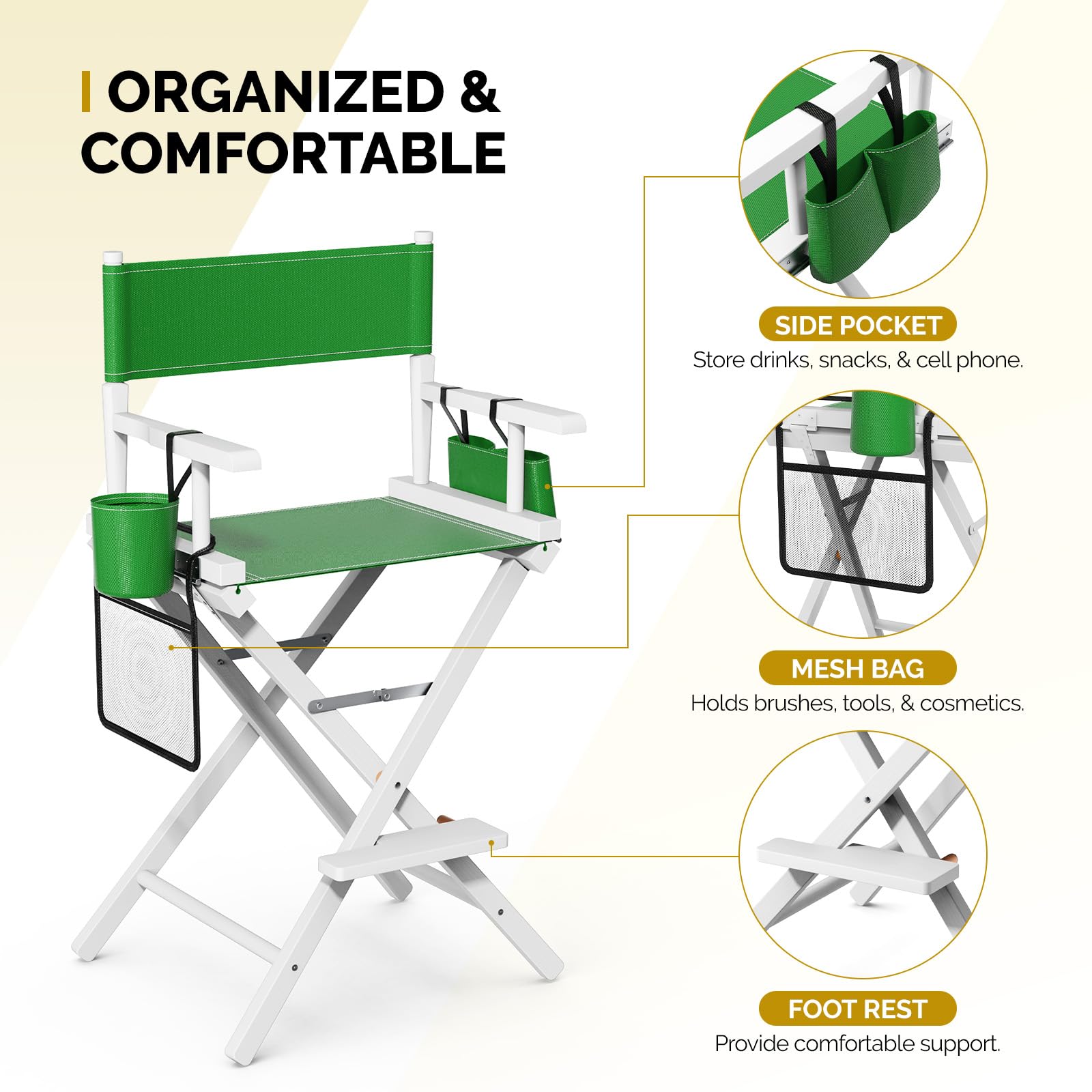 OmySalon 26in Wooden Portable Director Chair Folding Makeup Chair with Storage Pouch