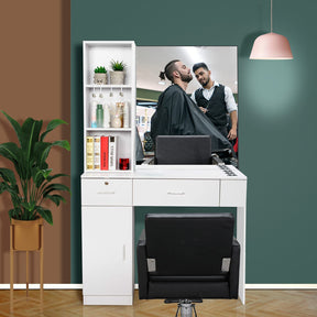 OmySalon HSC-09 Wall Mount Barber Station 2 Drawers 1 Storage Cabinet 3 Open Shelves with Mirror & Support Leg