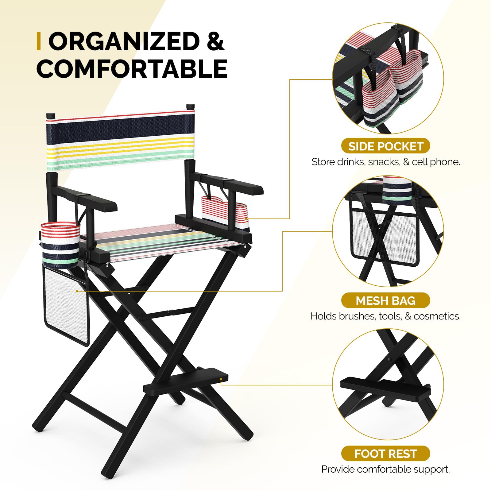 OmySalon 26in Wooden Portable Director Chair Folding Makeup Chair with Storage Pouch
